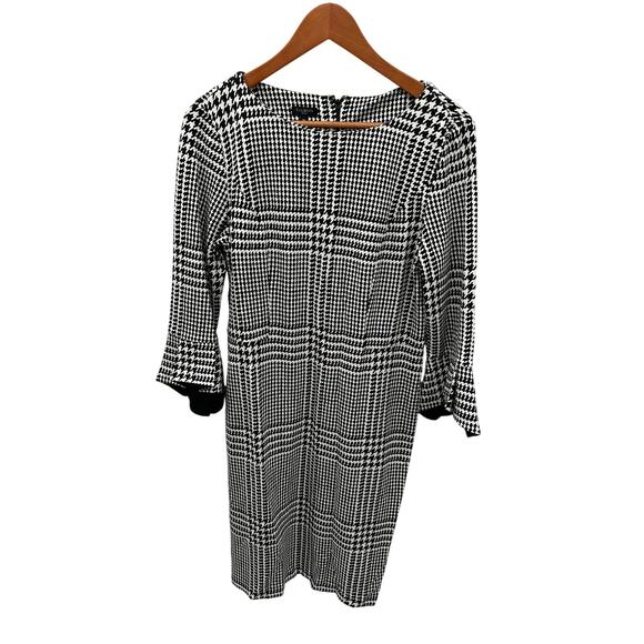 TALBOTS Black & White Houndstooth Bell Sleeve Sheath Dress // 10 Petite - Picture 1 of 8